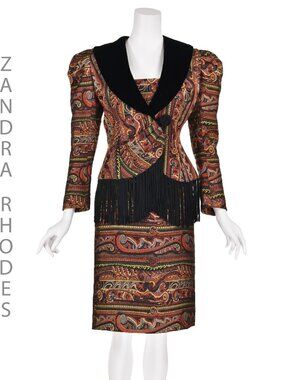 ZANDRA RHODES Rare '80s Jacquard Suit w/Velvet Lapels & Long Black Fringe, SZ SM